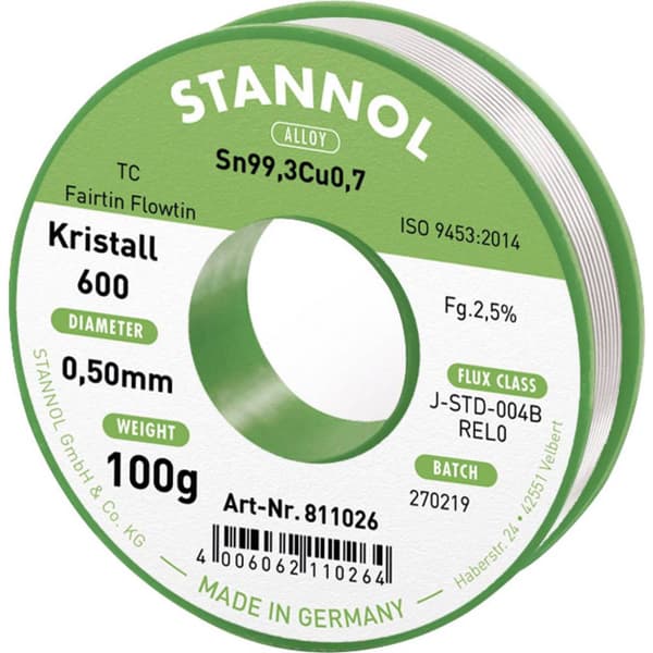 Stannol Kristall 600 Fairtin Lödtenn, blyfri Blyfri Sn99,3Cu0,7 100 g 0.5 mm