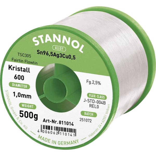 Stannol Kristall 600 Fairtin Lödtenn, blyfri Blyfri Sn96,5Ag3Cu0,5 500 g 1 mm