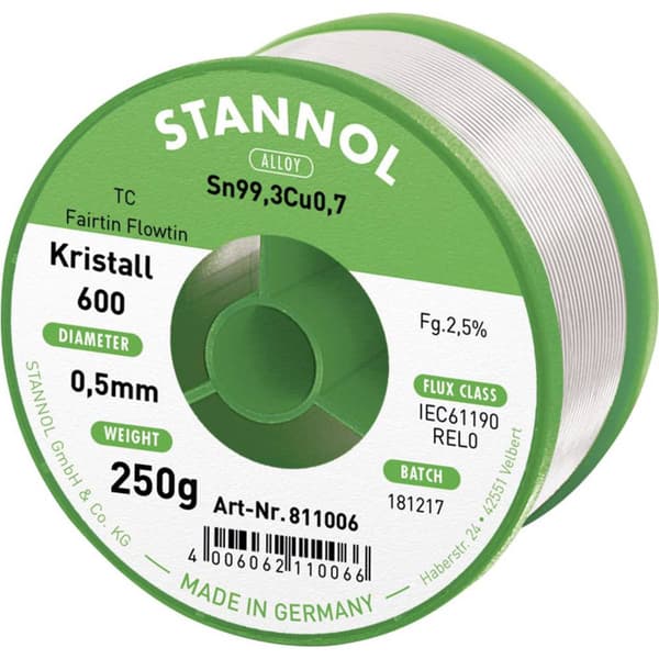 Stannol Kristall 600 Fairtin Lödtenn, blyfri Blyfri Sn99,3Cu0,7 250 g 0.5 mm
