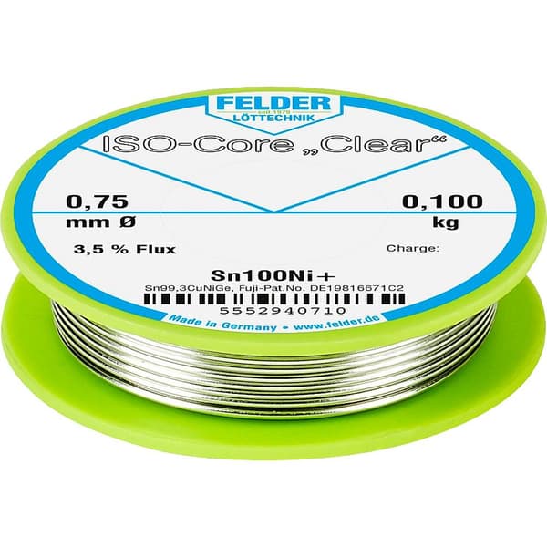 Felder ISO-Core Clear Sn100Ni+ Lödtenn Spole Sn99,25Cu0,7Ni0,05 0.100 kg 0.75 mm