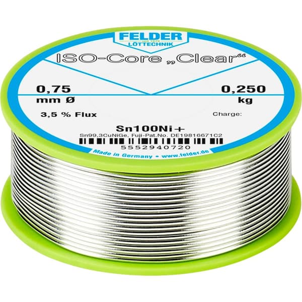 Felder ISO-Core Clear Sn100Ni+ Lödtenn Spole Sn99,25Cu0,7Ni0,05 0.250 kg 0.75 mm