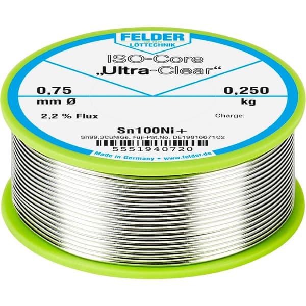 Felder ISO-Core Ultra-Clear Sn100Ni+ Lödtenn, blyfri Spole Sn99,25Cu0,7Ni0,05 0.250 kg 0.75 mm