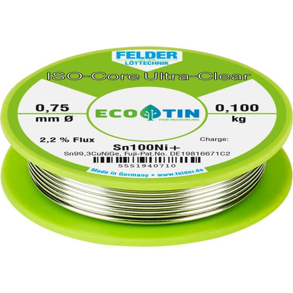 Felder ISO-Core Ultra-Clear Sn100Ni+ Lödtenn, blyfri Spole Sn99,25Cu0,7Ni0,05 0.100 kg 0.75 mm