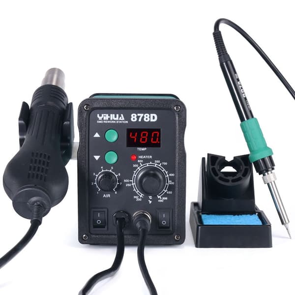 Loddestation med varmepistol, justerbar temperaturinterval, dual spændingskompatibilitet, 700W effekt.