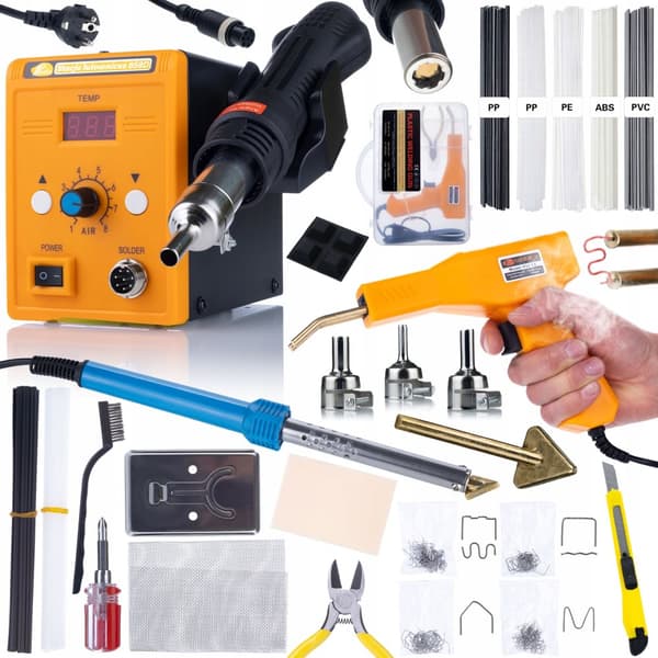 Rosfix 858D Varmluftloddekolbesæt + Blue Lark 80W BL80W loddekolbe med tilbehørssæt + Prowelder Kit Mini + Plastikhæftepistol + 200 hæfteklammer