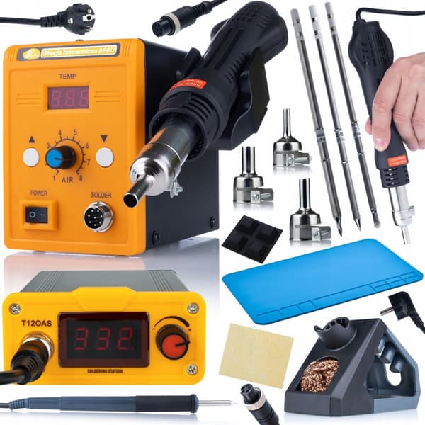 Sæt med Orange Akbash Standard T12OAS loddestation + Hot-Air 858D + T12-IL T12-B T12-BC4 spidser + Silikone loddemåtte