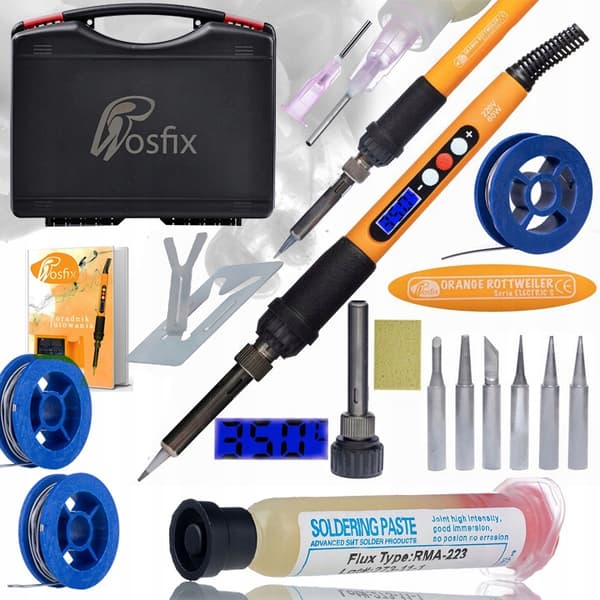 Rosfix 10-i-1 loddekolbe Orange Rottweiler + 2x Loddetin i spole 0,8 mm 10 g + Loddeflussmiddel RMA-223 med stempel og nål + Kuffert 253x213x72