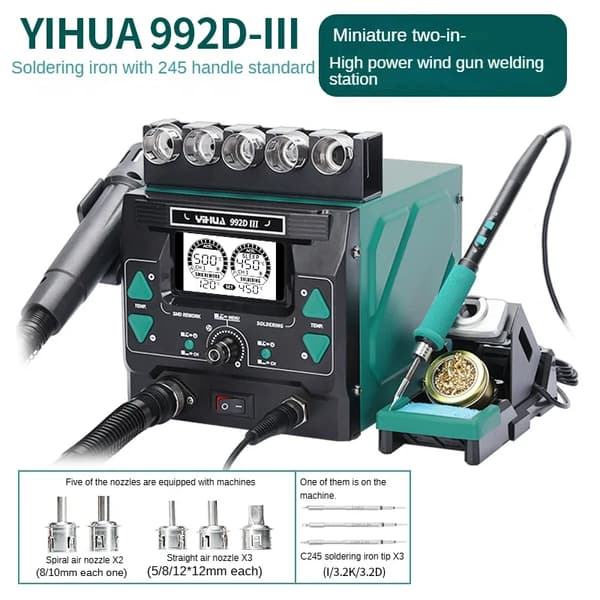 YIHUA 992D-III Lodde Station, Dobbelt Funktionalitet, 1220W Effekt,Sæt 2 245 håndtag, 110V
