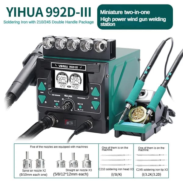 YIHUA 992D-III Lodde Station, Dobbelt Funktionalitet, Høj Effekt 1220W,Sæt 3 210 og 245, 220V