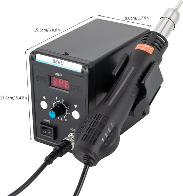 Loddestation med varm luft, 700W effekt, justerbar temperaturinterval 100-500°C,sort, 220V