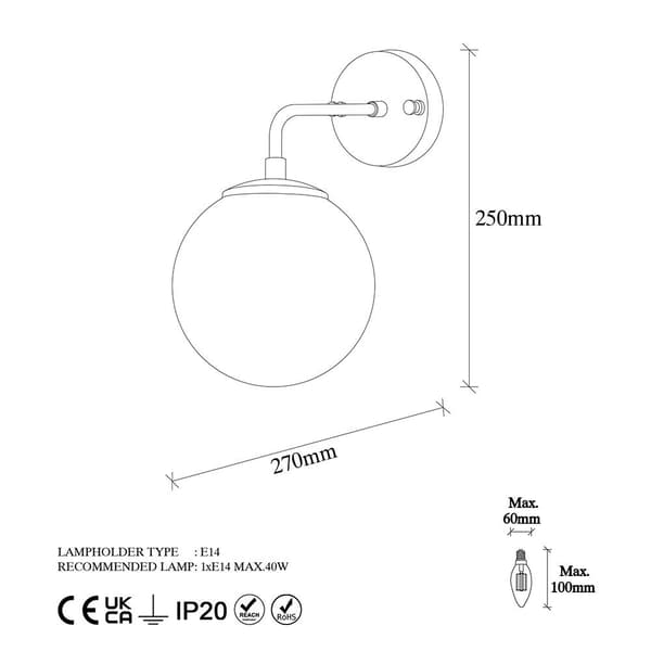 Wellhome Vägglampa Med Transparent Lampskärm E14 40w