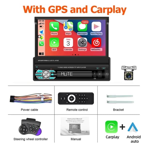 Bil Stereo, 7 HD Touch Skærm, Carplay Kompatibel, Med 12 LED -kamera