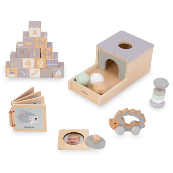 Mamabrum, Montessori-koulutuslaatikko vauvoille, 6 koulutuslelua, puiset lelut, helistin, lohkot, auto, siili, puukirja,...