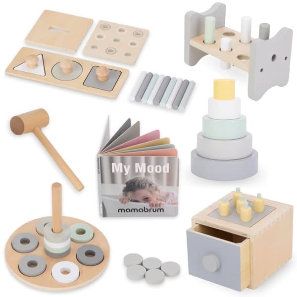 Mamabrum, Montessori uddannelseskasse til små børn, hammerspil, Montessori puslespil, multifunktionel kasse, stabile puslespil...