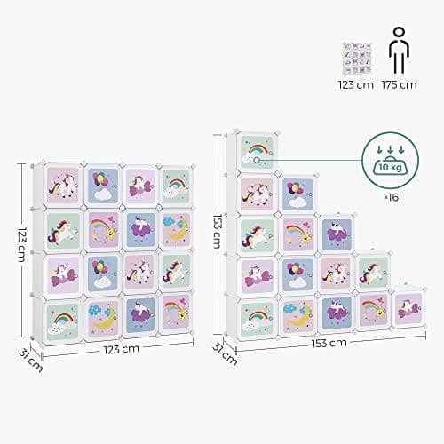 Songmics Cube Hylly Monikäyttöinen kaappi, lasten kengät Lelut 123 x 31 x 123 cm Valkoinen