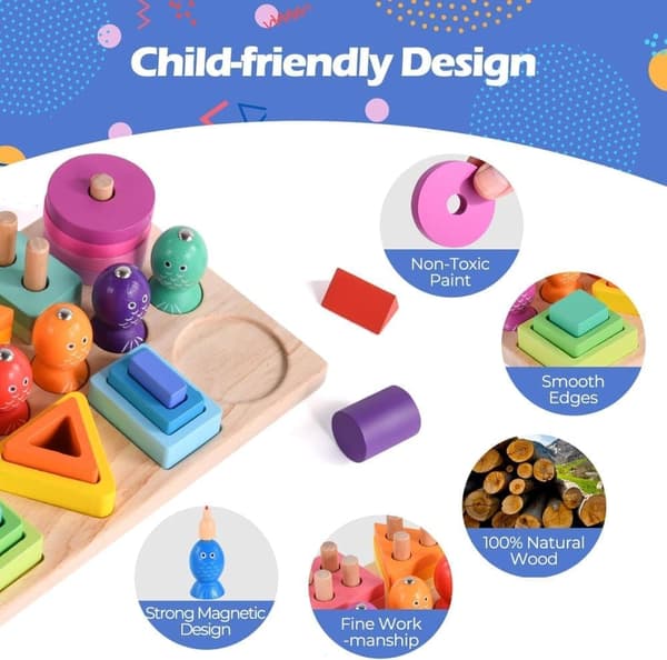 OBOSOE Montessori-leksak, 3-i-1 Färg- & Formlärspussel med Fiskelek • Trästapel & Insticksleksak för Småbarn 1–3 år (Flickor/Pojkar)