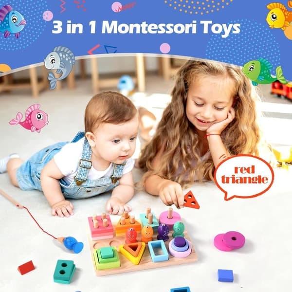 OBOSOE Montessori-leksak, 3-i-1 Färg- & Formlärspussel med Fiskelek • Trästapel & Insticksleksak för Småbarn 1–3 år (Flickor/Pojkar)