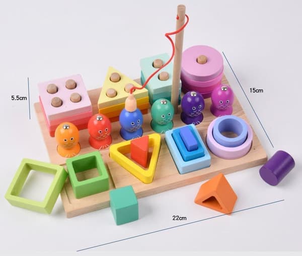 OBOSOE Montessori-leksak, 3-i-1 Färg- & Formlärspussel med Fiskelek • Trästapel & Insticksleksak för Småbarn 1–3 år (Flickor/Pojkar)