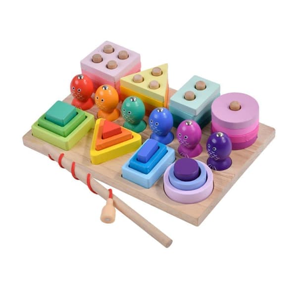 OBOSOE Montessori-leksak, 3-i-1 Färg- & Formlärspussel med Fiskelek • Trästapel & Insticksleksak för Småbarn 1–3 år (Flickor/Pojkar)