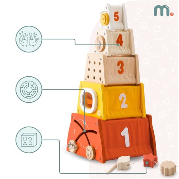 Mamabrum Montessori träpyramid 3-i-1 – stapelleksak med former, labyrint och siffror, pedagogisk leksak från 18 månader