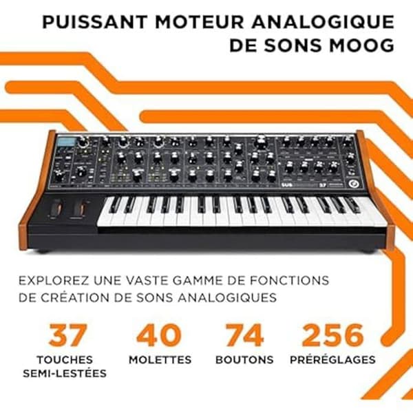 MOOG Subsequent 37 - Paraphonic Analog Synthesizer och MIDI Keyboard 37 halvvägda tangenter, hörlursförstärkare, 256