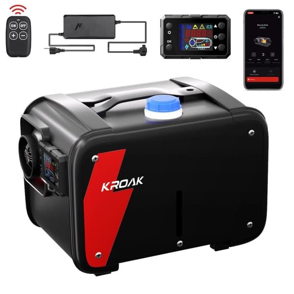 KROAK 12V 5KW Air Diesel Heater Hjælpevarmer, Bluetooth Air Heater Air Diesel Hjælpevarmer med fjernbetjening og EU Adapter