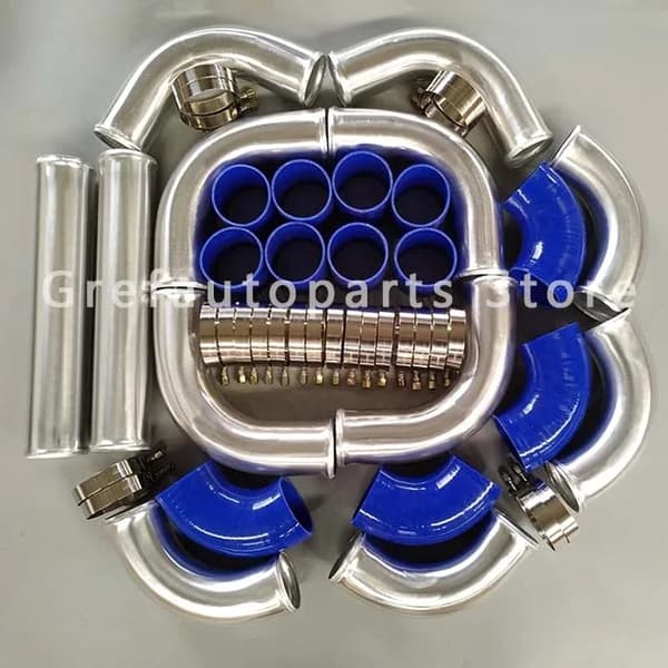 Intercooler Turbo Rørkit, 3" Aluminium, Inkluderer Blå Slange T-Koblinger,Blå