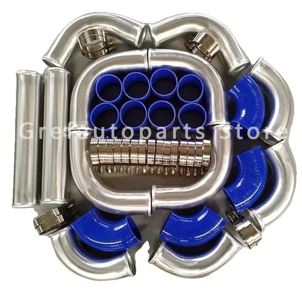 Intercooler Turbo Rørkit, 3" Aluminium, Inkluderer Blå Slange T-Koblinger,Blå