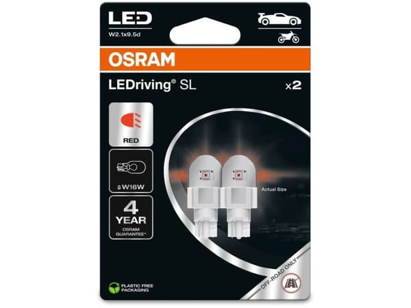 LED-pære (blisterpakning 2 stk.) W16W 12V 1,4W W2,1X9,5D uten veihomologering LEDriving SL, rød