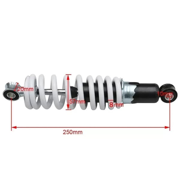 Bakre stötdämpare, 250 mm ögonavstånd, 10 mm monteringshål, 400 lbs lastkapacitet.
