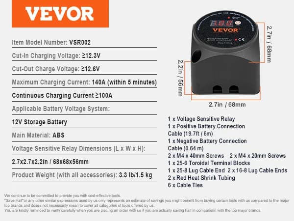 Dual Battery Isolator Kit, 140 Amp Maximal Laddningsström, 12V Spänningskänsligt Relä,12V 140Amp