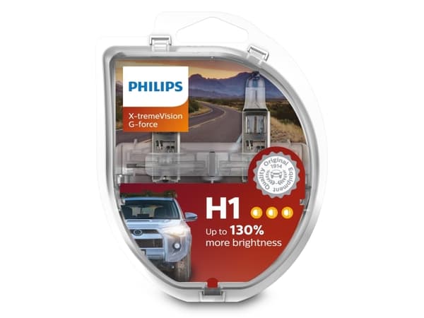 Philips X-tremeVision G-force 12258XVGS2 10 G vibrasjonsmotstand, 55 W, 12 V, H1, Halogen, 3500 K, 2 stykker