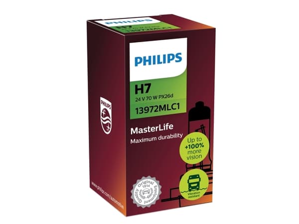 Philips MasterLife 13972MLC1 24 V strålkastarlampa, 70 W, 24 V, H7, halogen, 3200 K, 1 styck