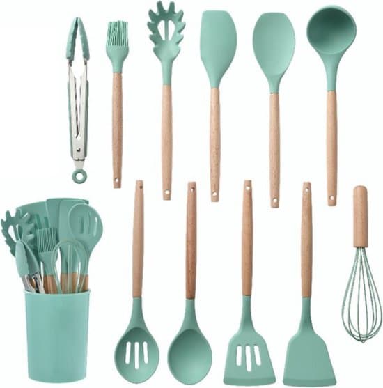 Kitchenware Set - Silicone - Non -Stick - Woode Steel - Green