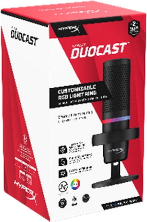 HyperX DuoCast - RGB USB-kondensaattorimikrofoni, musta PC, PS5, PS4, Mac. Low Profile Shock Mount, Cardioid, Omnidirectional, Pop Filter, Gain Contro