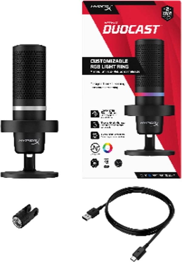 HyperX DuoCast - RGB USB-kondensaattorimikrofoni, musta PC, PS5, PS4, Mac. Low Profile Shock Mount, Cardioid, Omnidirectional, Pop Filter, Gain Contro