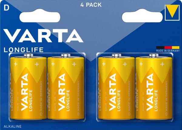 Varta LONGLIFE, alkaliskt batteri, D, Mono, LR20, 4-pack, Tillverkad i Tyskland