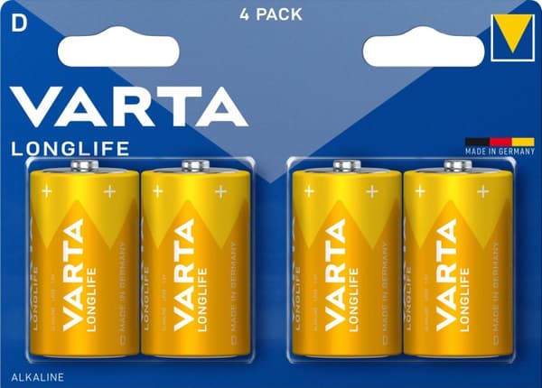 Varta LONGLIFE, alkaliskt batteri, D, Mono, LR20, 4-pack, Tillverkad i Tyskland