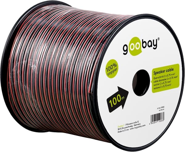 Goobay Høyttalerkabel rød;svart CU 100 m spole, tverrsnitt 2 x 0,75 mm²