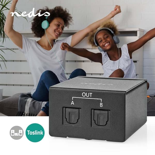 Nedis Video Transmitter | 1-veje | Tilslutninger indgang: TosLink Hun | Tilslutninger udgang: 2x TosLink | Trykknap | Metal | Sort