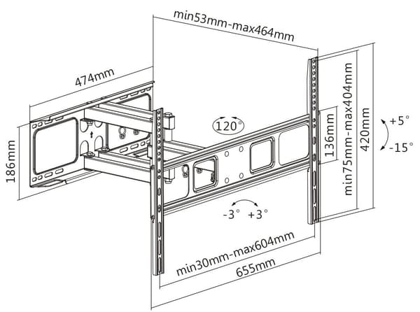Full motion 3-way wall mount for monitor/tv, 37"-70", tilt
