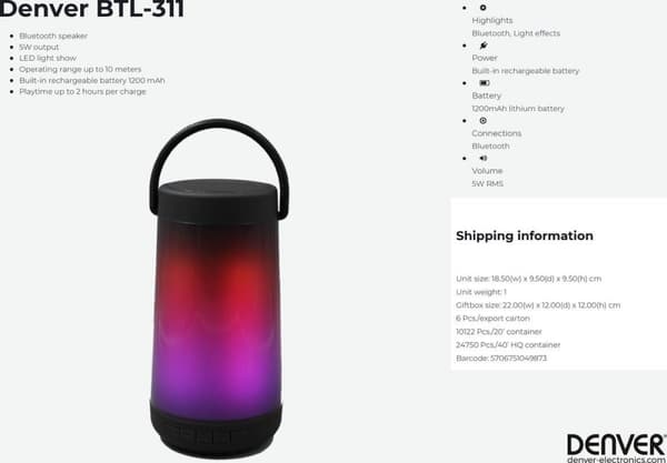 Denver BTL-311 - Bluetooth-kaiutin - sisäänrakennetut valotehosteet - 50 wattia - musta