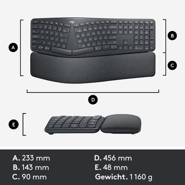 Logitech K860 ERGO Qwerty - Trådlöst ergonomiskt tangentbord med handledsstöd