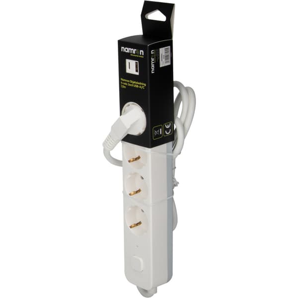 Namron Skjøteledning 4-veis Jord USB-A/C 1,5m Hvit