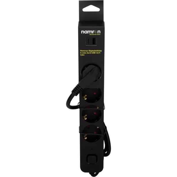 Namron Skjøteledning 4-veis Jord USB-A/C 1,5m Sort