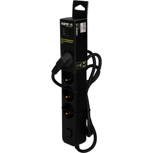 Namron Skjøteledning 4-veis Jord USB-A/C 1,5m Sort