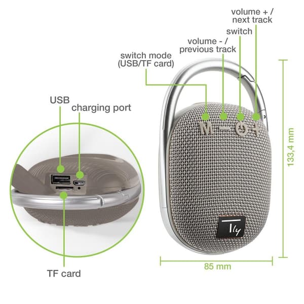 Techly ICASBL321GR bärbar högtalare Mono trådlös högtalare Grå 5 W