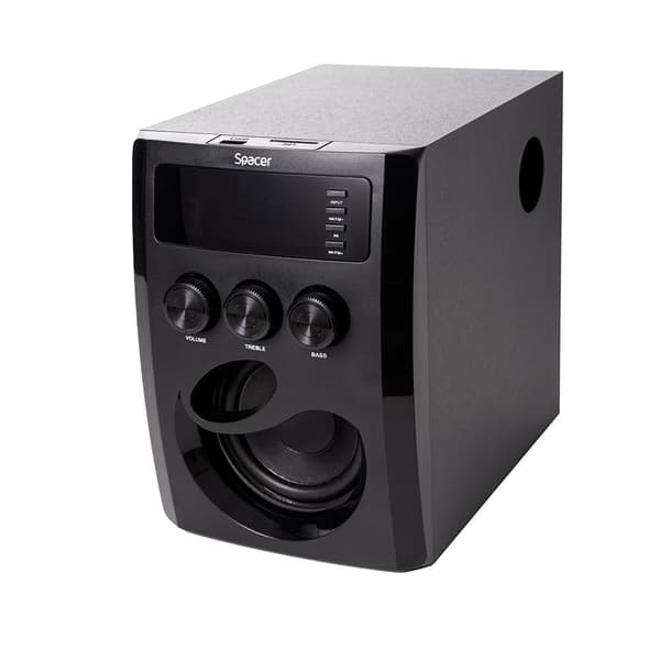 BOXE SPACER 2.1, RMS: 20W (2 x 5W + 10W), bluetooth telecomanda wireless, control volum, bass, treble, subwoofer lemn MDF, 220V, radio FM, SD card, po