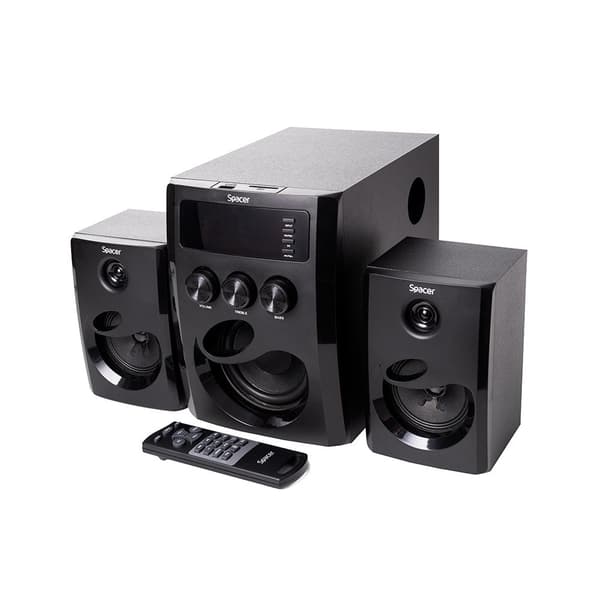 BOXE SPACER 2.1, RMS: 20W (2 x 5W + 10W), bluetooth telecomanda wireless, control volum, bass, treble, subwoofer lemn MDF, 220V, radio FM, SD card, po
