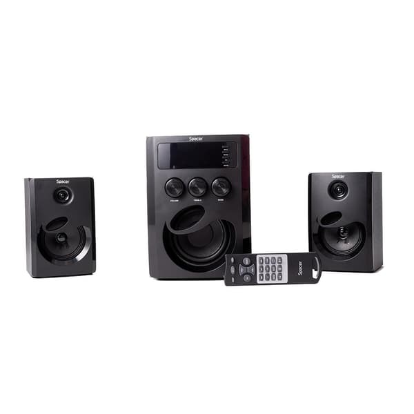 BOXE SPACER 2.1, RMS: 20W (2 x 5W + 10W), bluetooth telecomanda wireless, control volum, bass, treble, subwoofer lemn MDF, 220V, radio FM, SD card, po